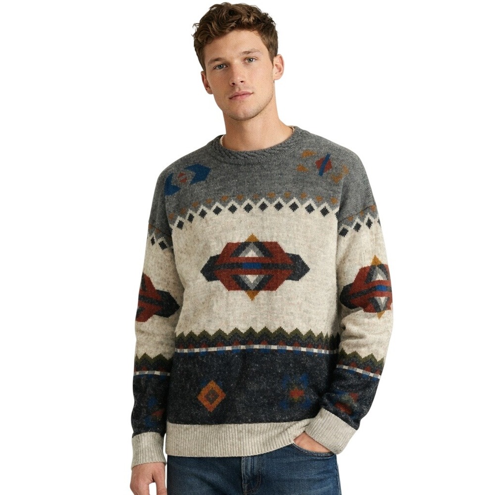 Aggio Vintage Mens Southwestern Geometric Wool Blend Crewneck Sweater Grey Large